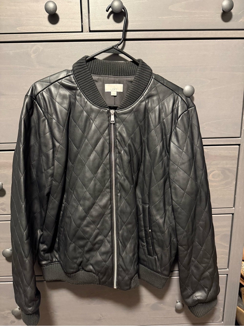 LOFT Black Quilted Faux-Leather Bomber Jacket